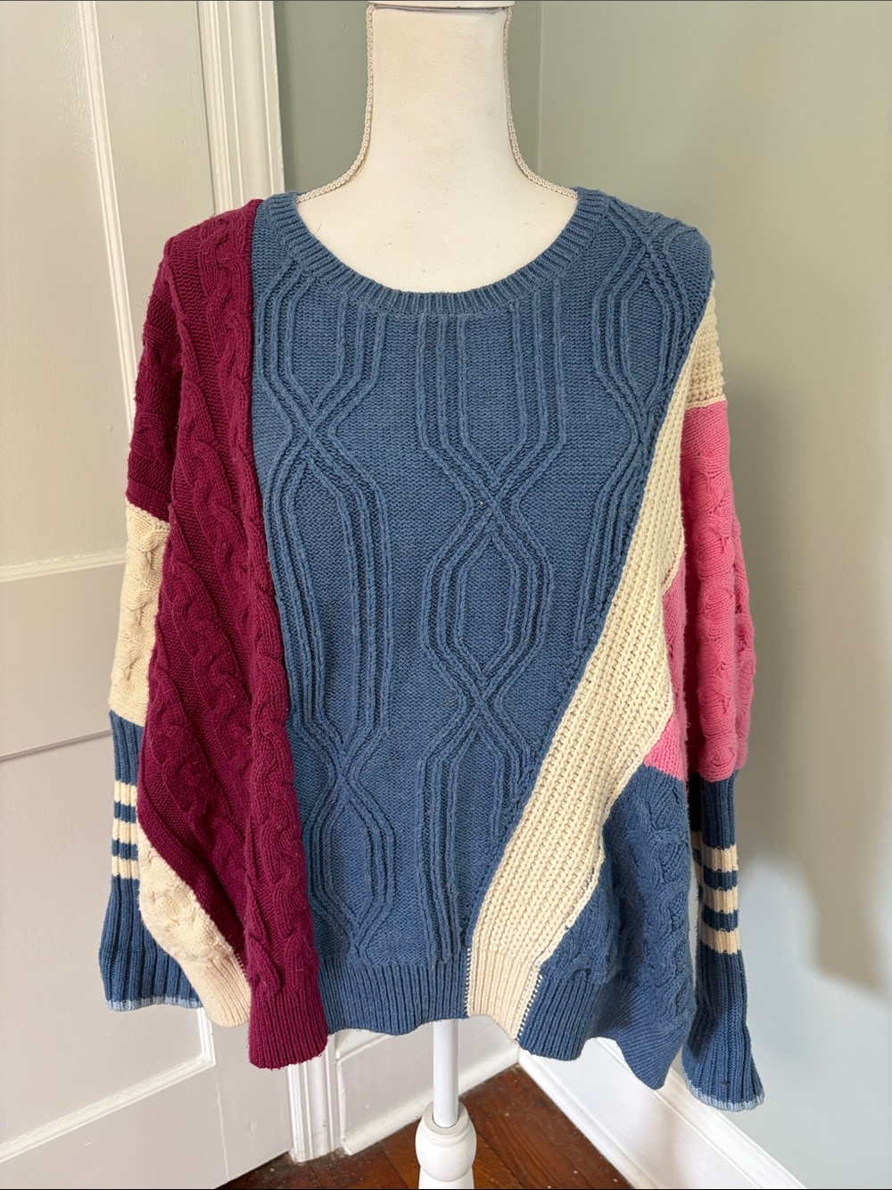 Maeve Colorblock Cable-Knit Sweater Blue Pink Cream Cotton Blend Size Medium